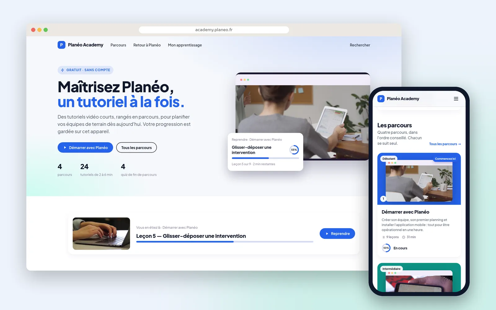 L'accueil public de Planéo Academy sur ordinateur et sur téléphone, avec la mention « Gratuit · sans compte » et la carte de reprise du parcours en cours