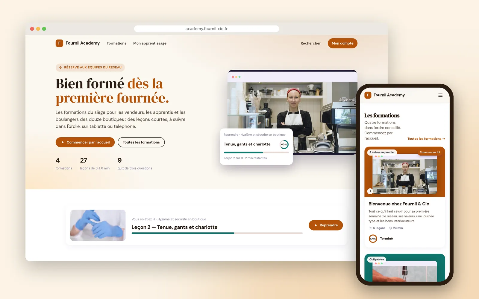 L'accueil de Fournil Academy sur ordinateur et sur téléphone, avec la carte de reprise de la leçon en cours et les formations numérotées