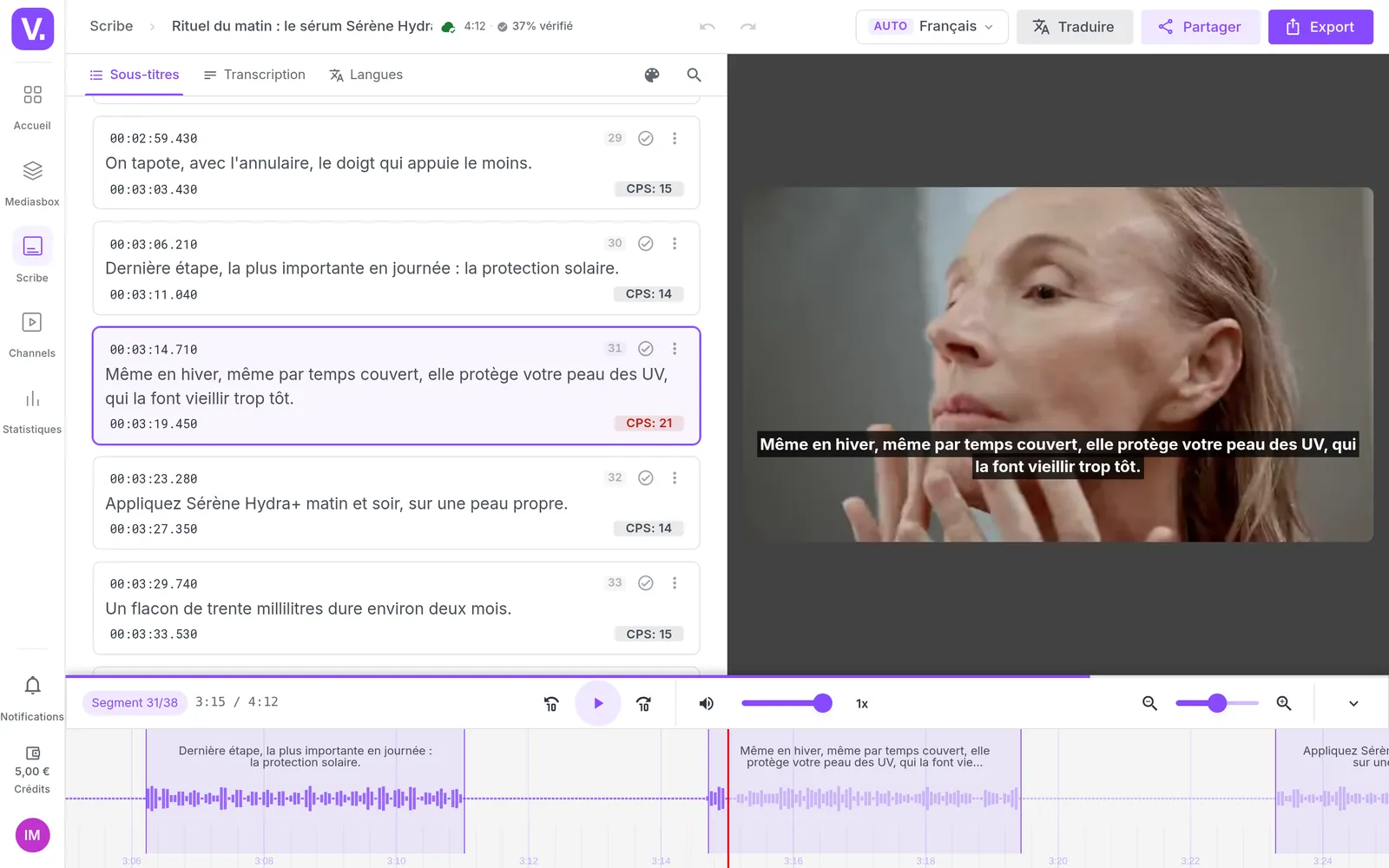L'éditeur de sous-titres : la vidéo et son sous-titre, la forme d'onde, la liste des lignes, et une ligne signalée à 21 caractères par seconde
