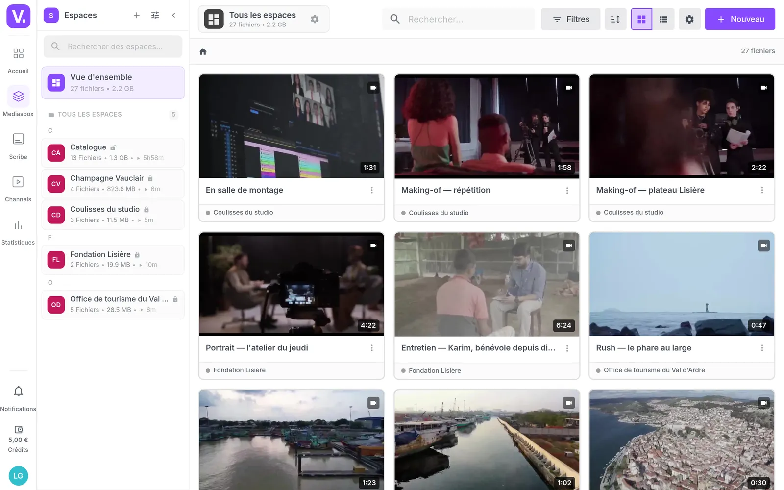 La bibliothèque du studio sur Videas, reprise de Vimeo avec ses titres, miniatures et dossiers