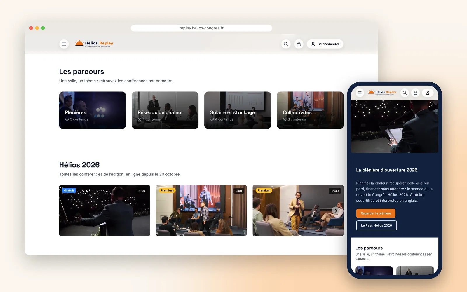The replay channel home page in the congress colours, with the opening plenary featured, the tracks and the editions