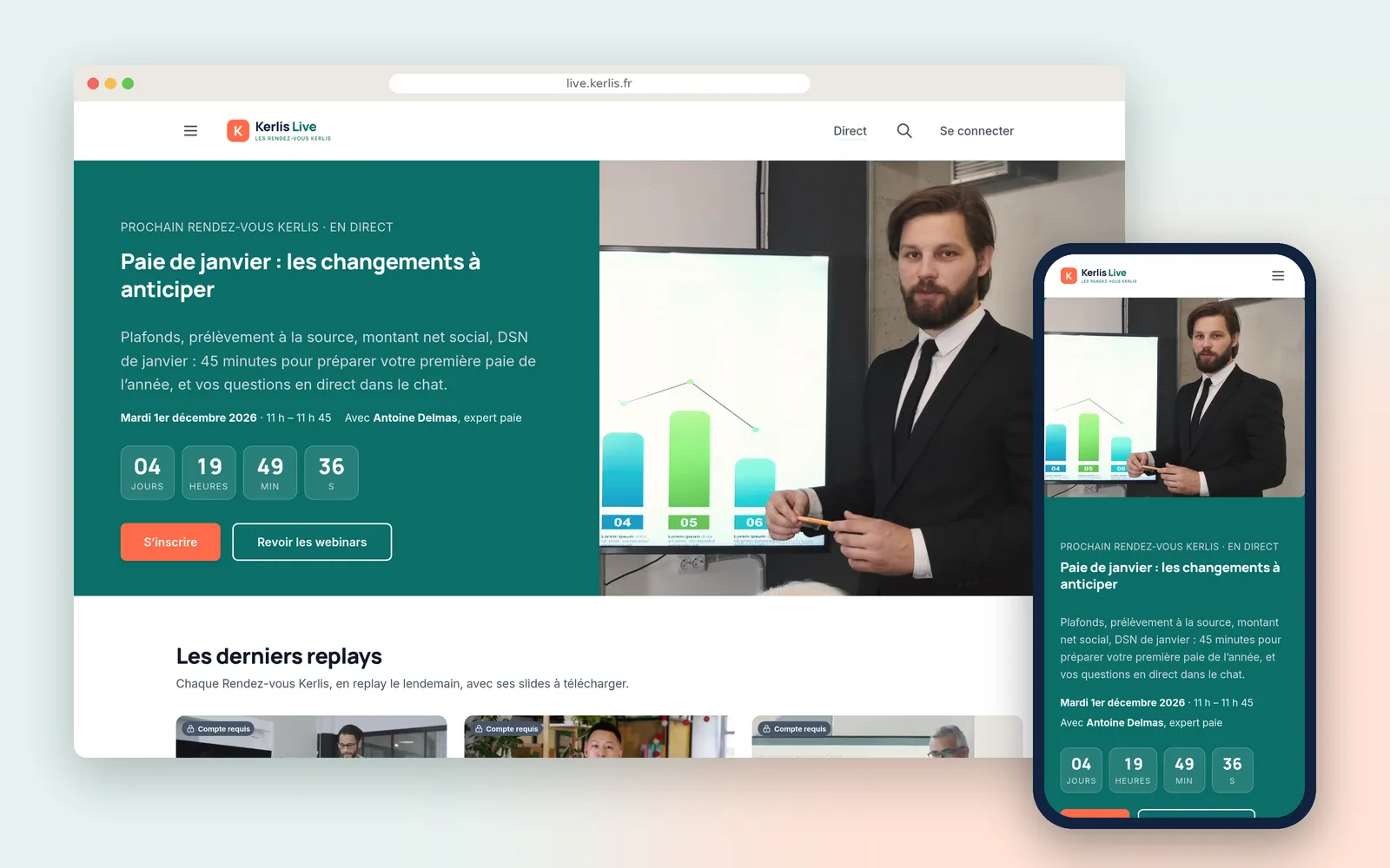 The webinar channel home page on desktop and mobile, with the next session, its countdown and the replays sorted by theme