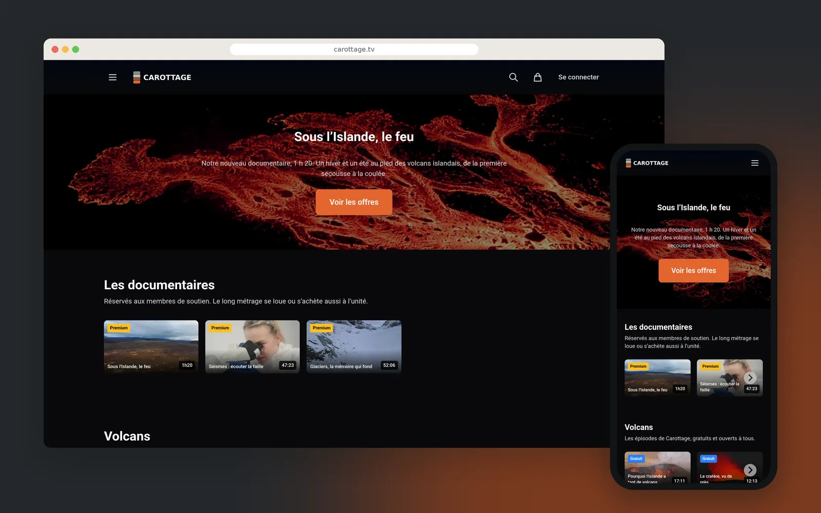 The outlet's home page on desktop and mobile, with the latest documentary featured, episodes by theme and access badges