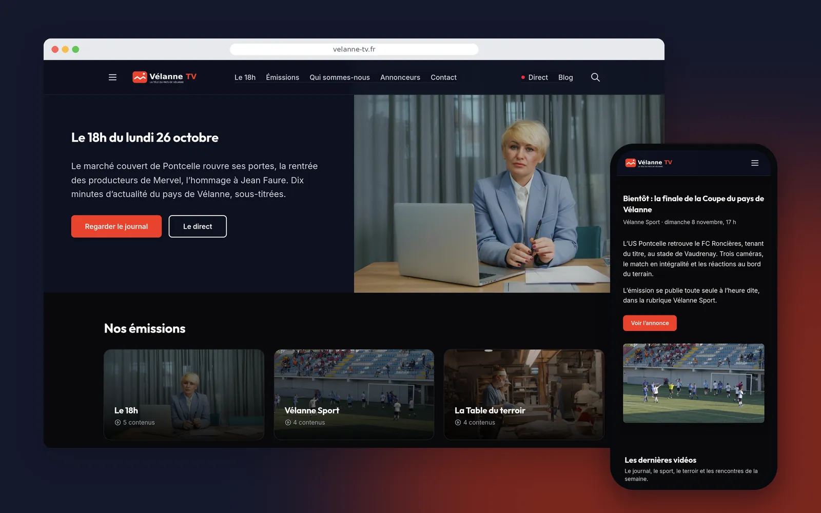 The station's home page on desktop and mobile, with the day's bulletin featured, the shows and the latest videos