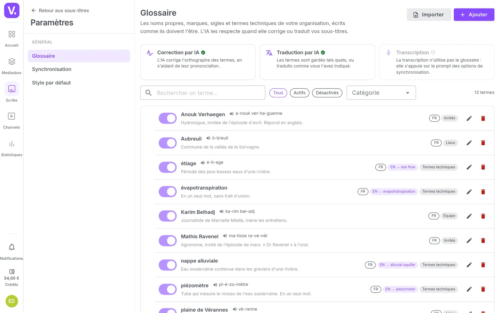 Scribe's Glossary settings page: guests, places, acronyms and technical terms, each with its pronunciation, context and category
