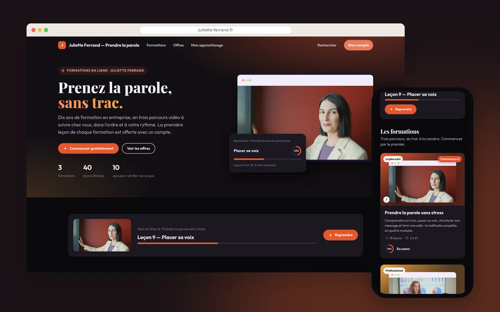 Le site de Juliette Ferrand sur ordinateur et sur téléphone, thème sombre, avec la carte de reprise sur la leçon « Placer sa voix »