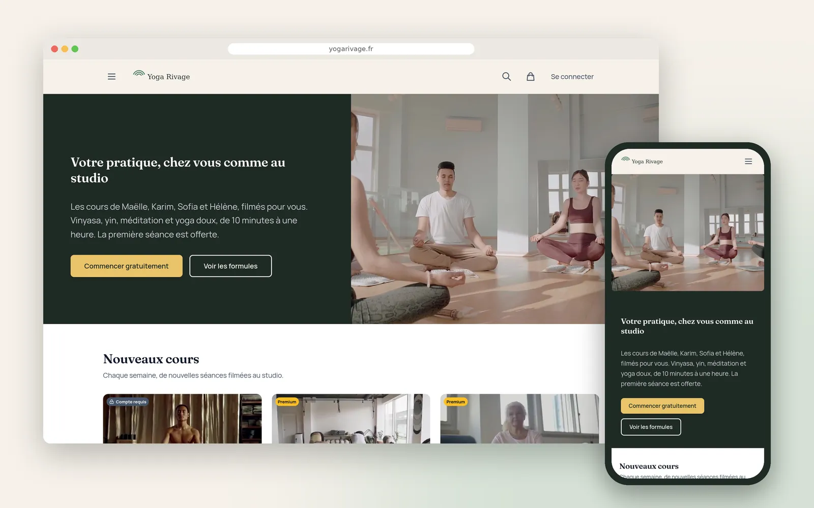 La page d'accueil du site Yoga Rivage dans un navigateur et sur téléphone, avec sa bannière et ses nouveaux cours