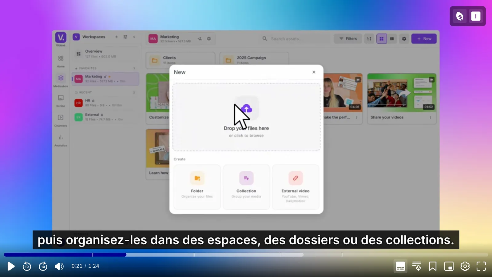 Le lecteur Videas affichant des sous-titres français sur fond sombre, avec des repères de chapitres sur la barre de lecture