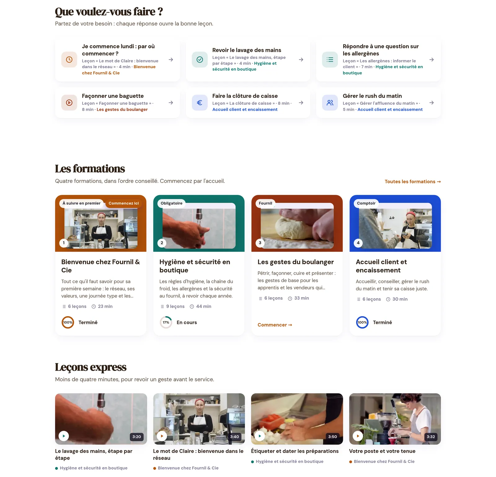 La suite de l'accueil : six objectifs « Que voulez-vous faire ? », les quatre formations avec leur progression, et les leçons express de moins de quatre minutes