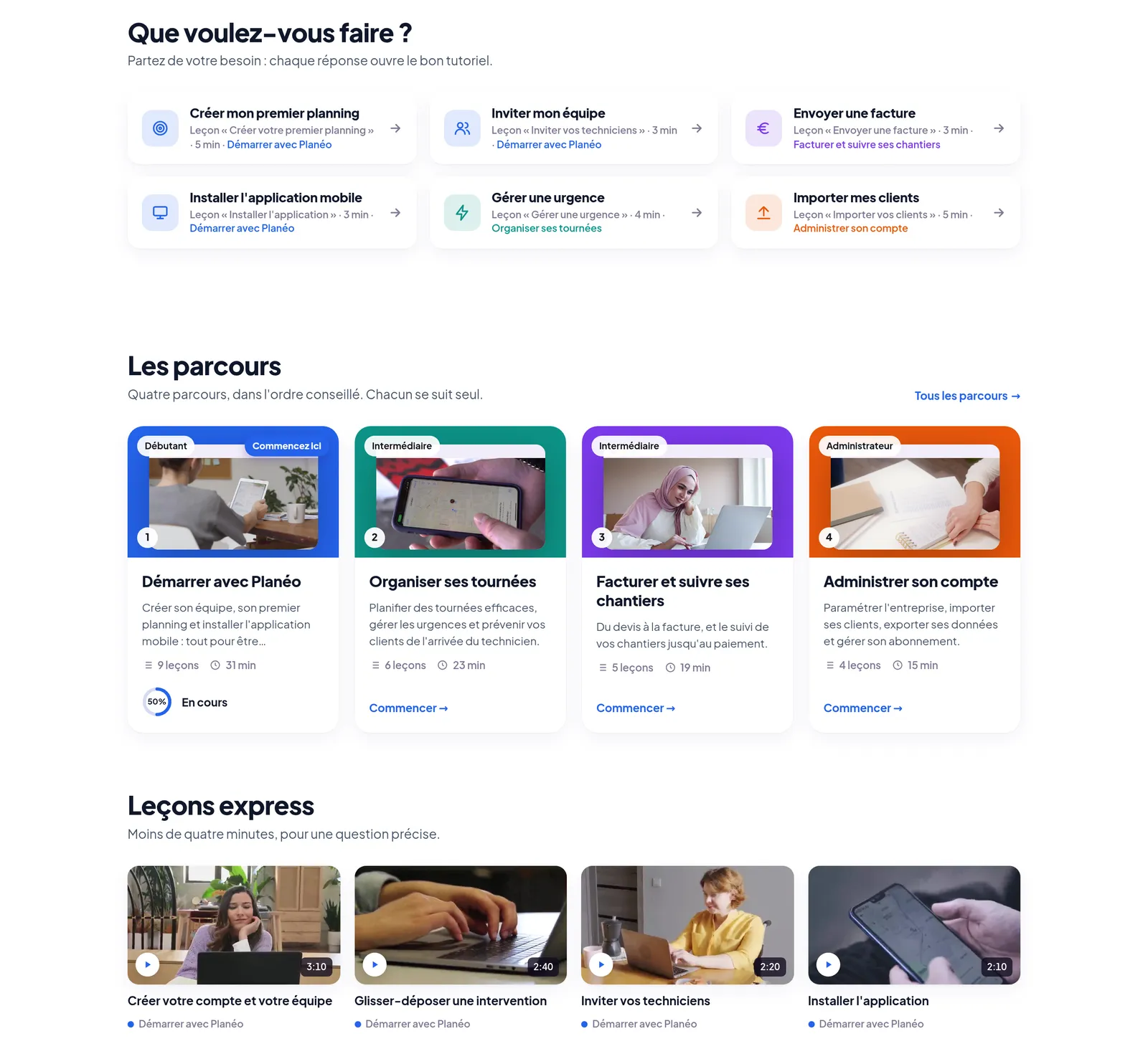 La suite de l'accueil : les objectifs « Que voulez-vous faire ? », les quatre parcours numérotés et les leçons express