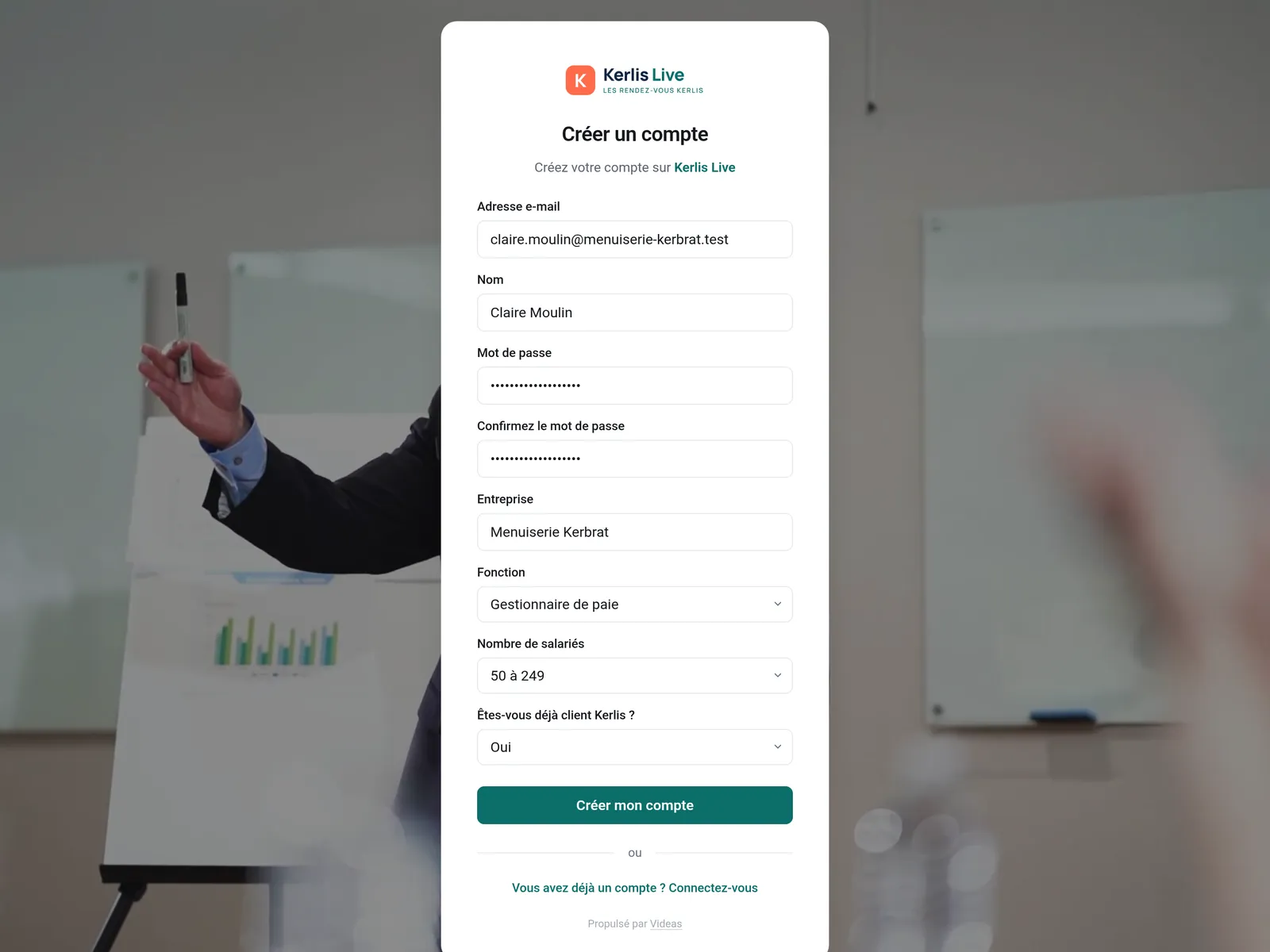 The branded sign-up page asking for company, role, headcount and whether the visitor is already a customer