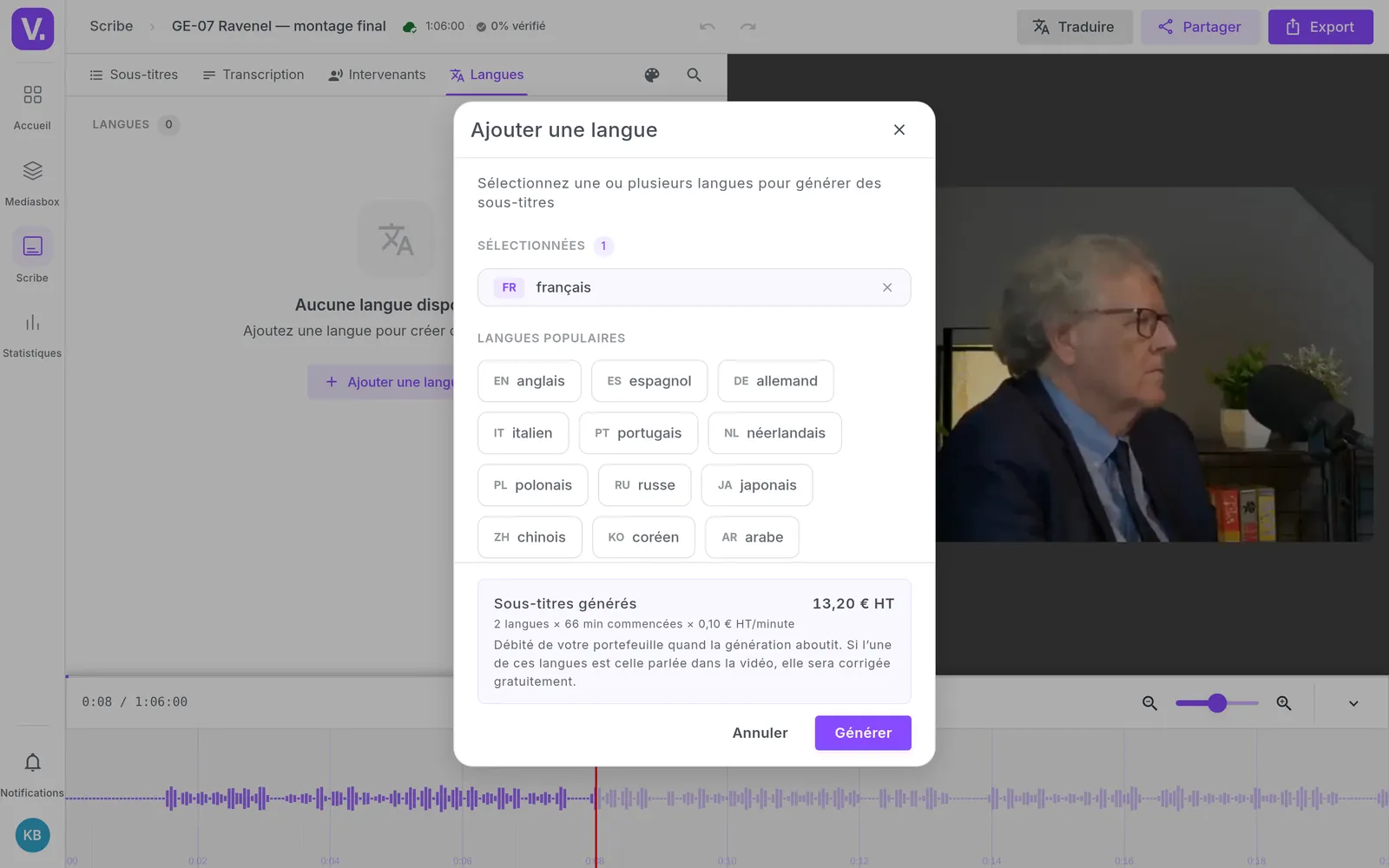 The add-a-language dialog in Scribe, with the cost estimate shown before the transcription is launched