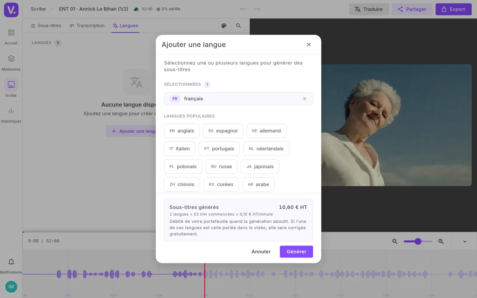 The add-a-language dialog in Scribe for a 52-minute interview, with the cost estimate shown before launching