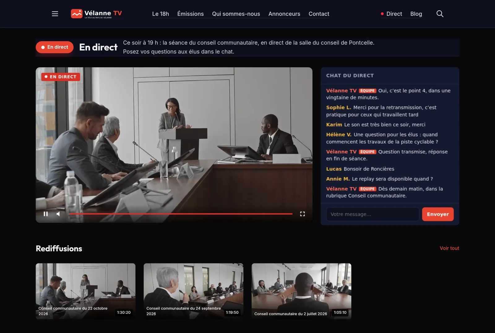 The Live page with its Live badge, the broadcast player, the chat, and the latest council replays underneath