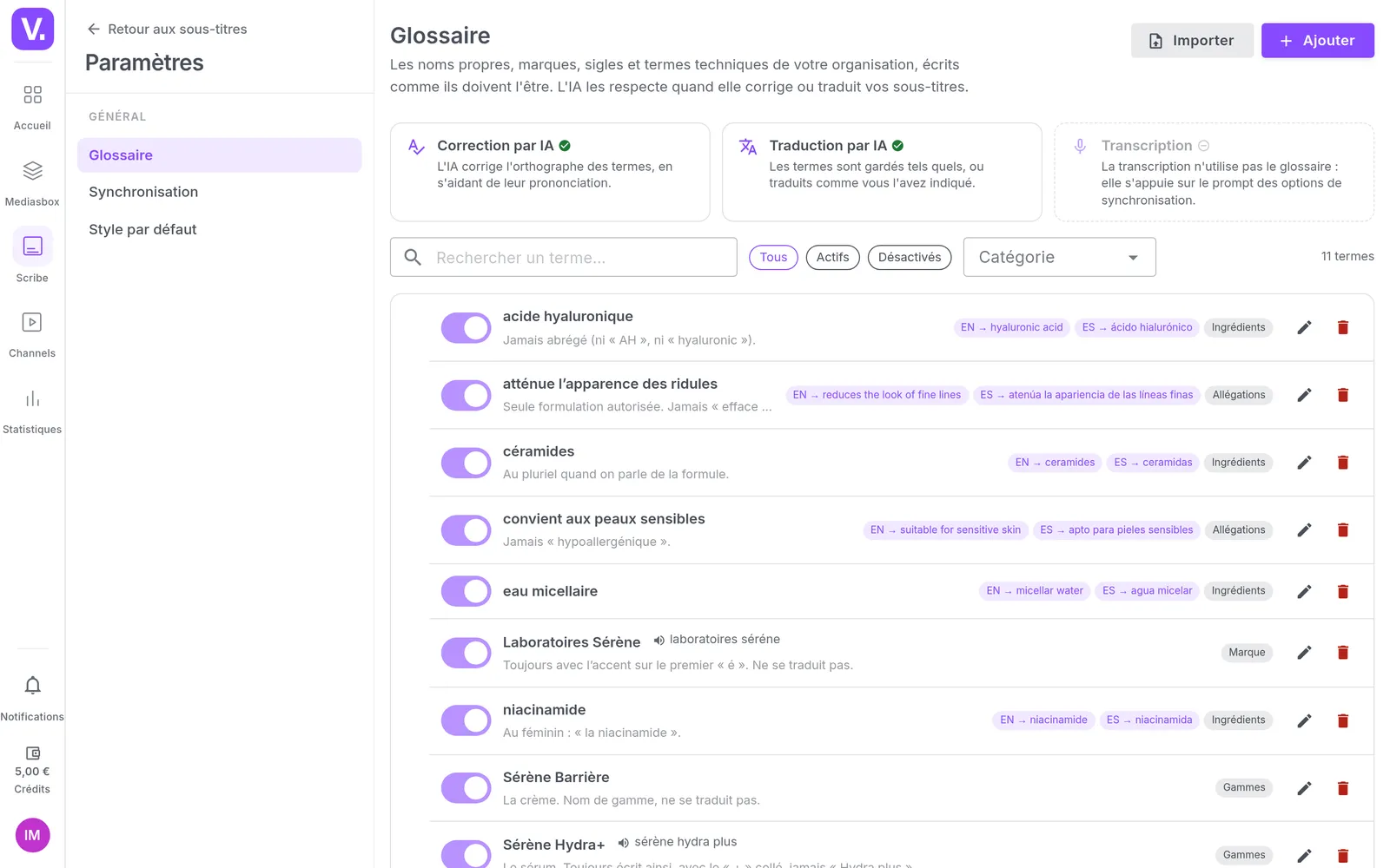 La page Glossaire des réglages de Scribe : gammes, ingrédients avec leurs traductions, et allégations autorisées, chacun avec sa consigne