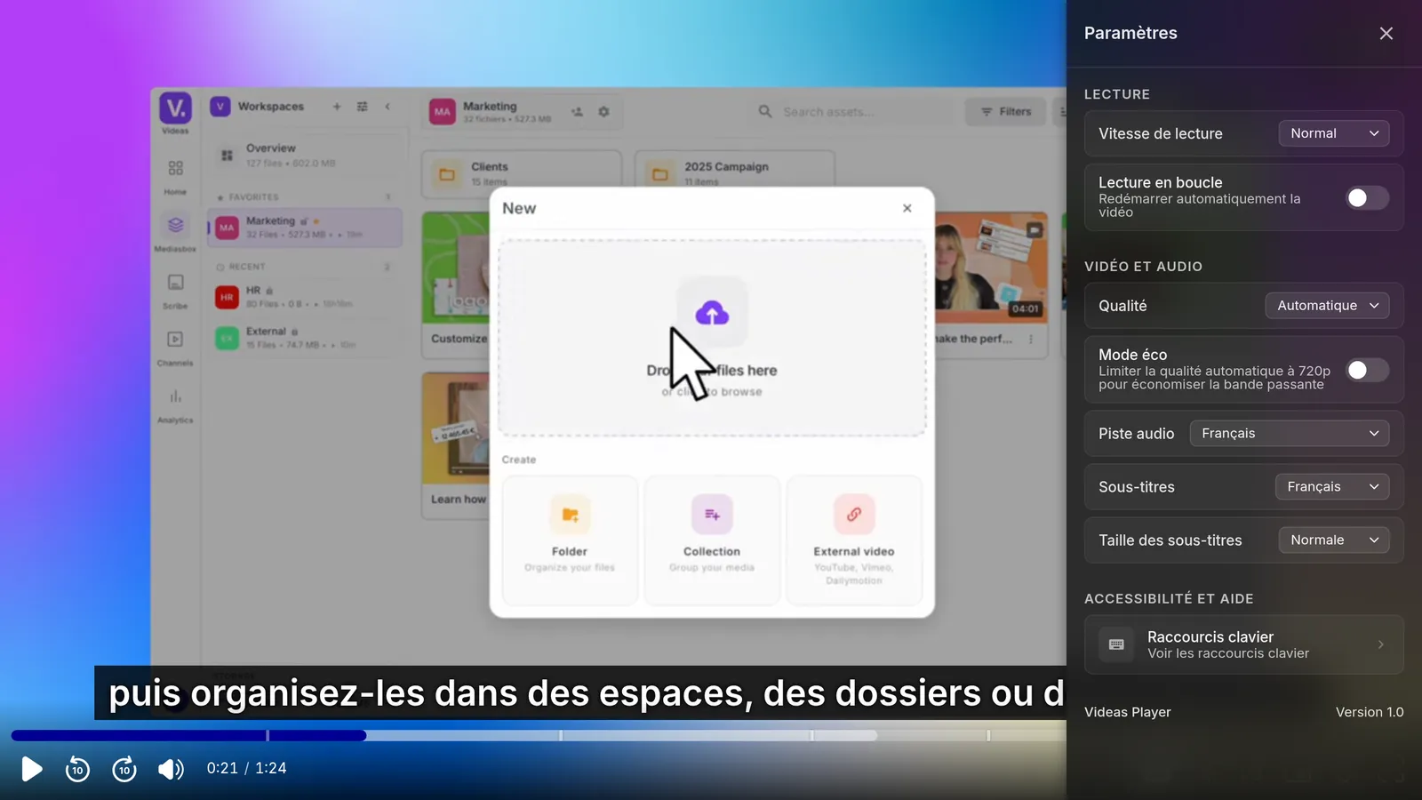 Le panneau Paramètres du lecteur, avec vitesse, qualité, mode éco, piste audio, sous-titres et raccourcis clavier