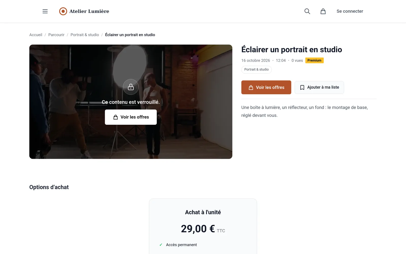 Un cours payant : la vidéo est verrouillée, mais le titre, la description et les options d'achat restent visibles