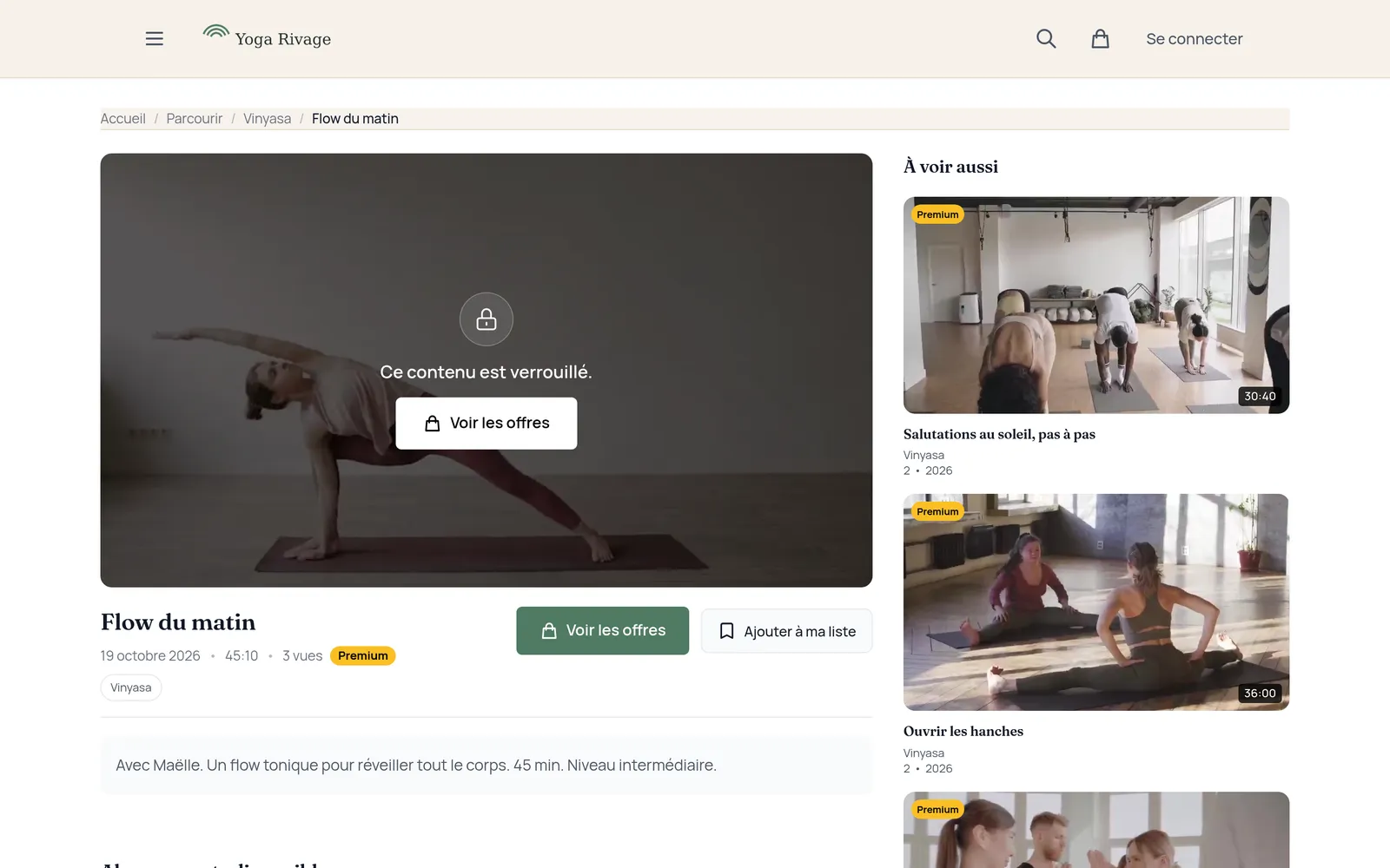 La page d'un cours vue par un visiteur : la vidéo est verrouillée, le professeur, la durée et le bouton Voir les offres restent visibles