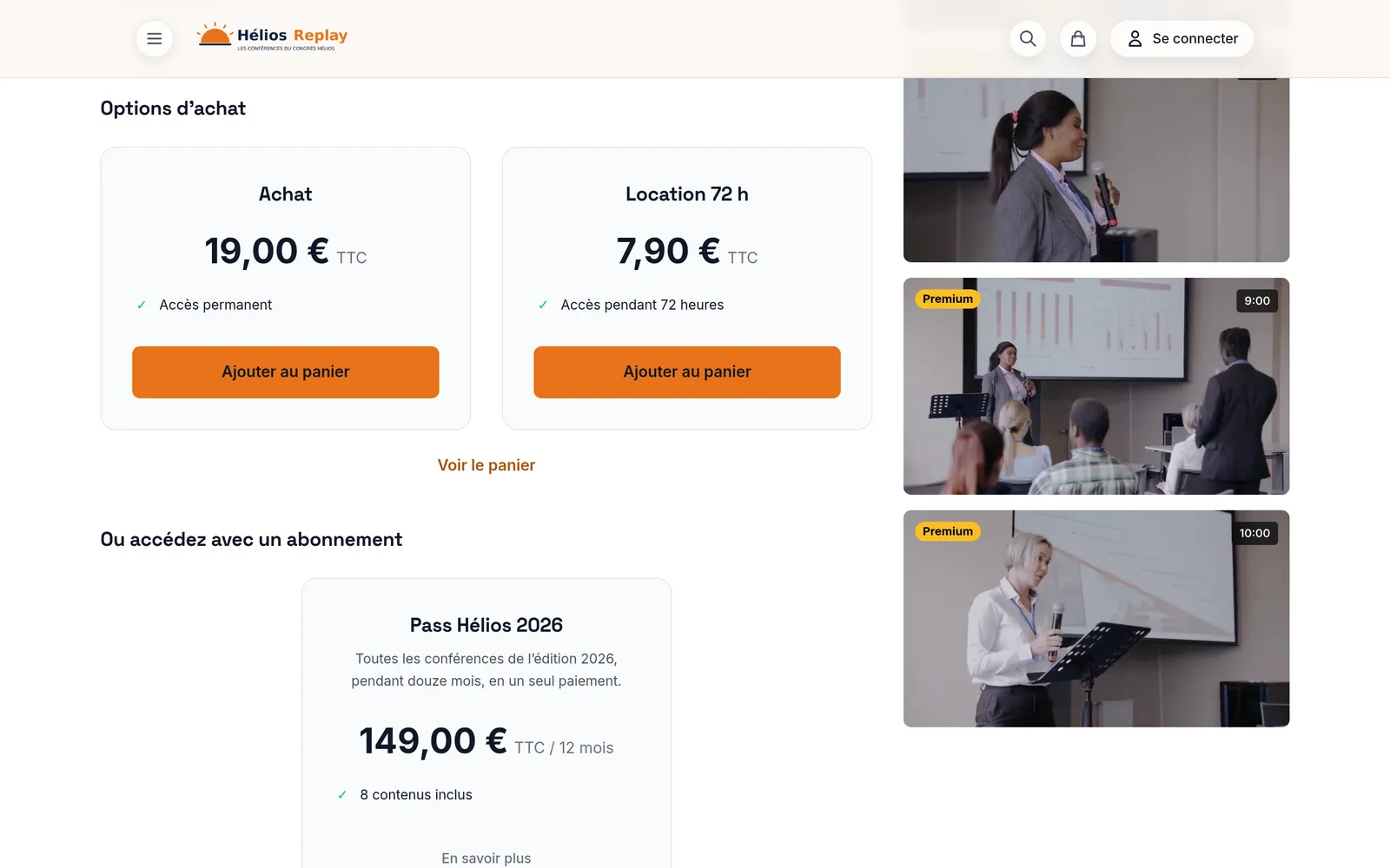 A talk's page with its offers: purchase, 72-hour rental and the edition pass