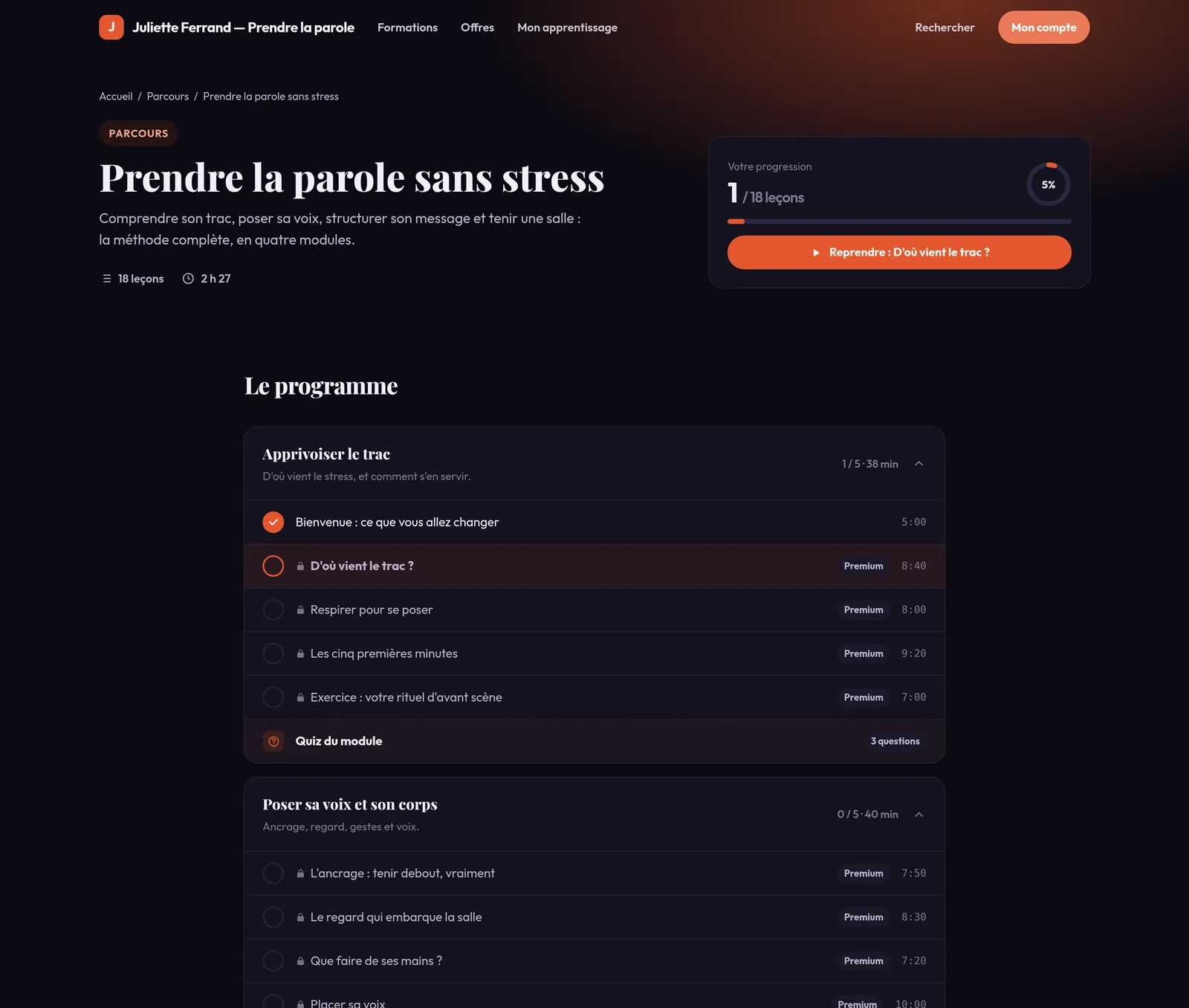 La page « Prendre la parole sans stress » vue par une inscrite sans achat : première leçon cochée, les suivantes avec un cadenas et le badge Premium