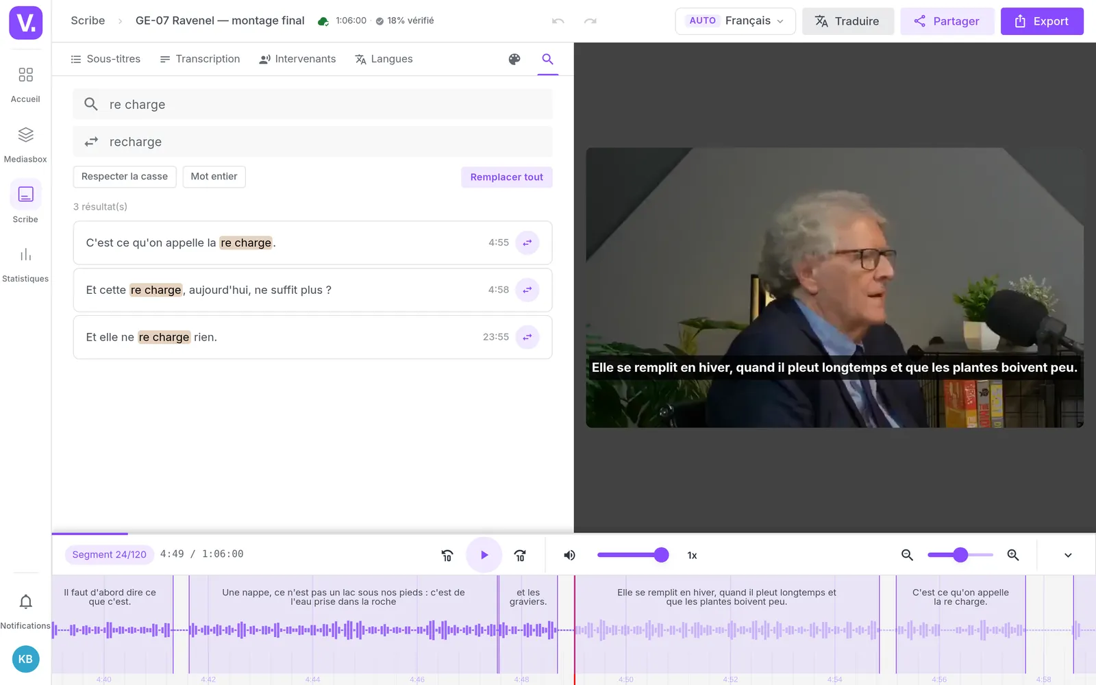 Scribe's editor on the French track: subtitled video, waveform, and a replacement applied to three lines