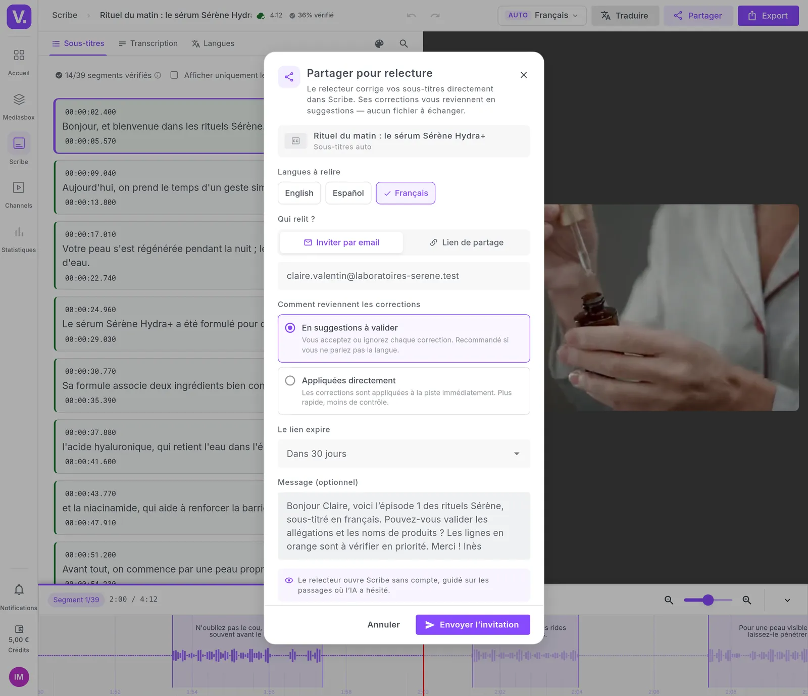 La fenêtre « Partager pour relecture » : la langue à relire, l'invitation par email, le mode suggestions et l'expiration du lien