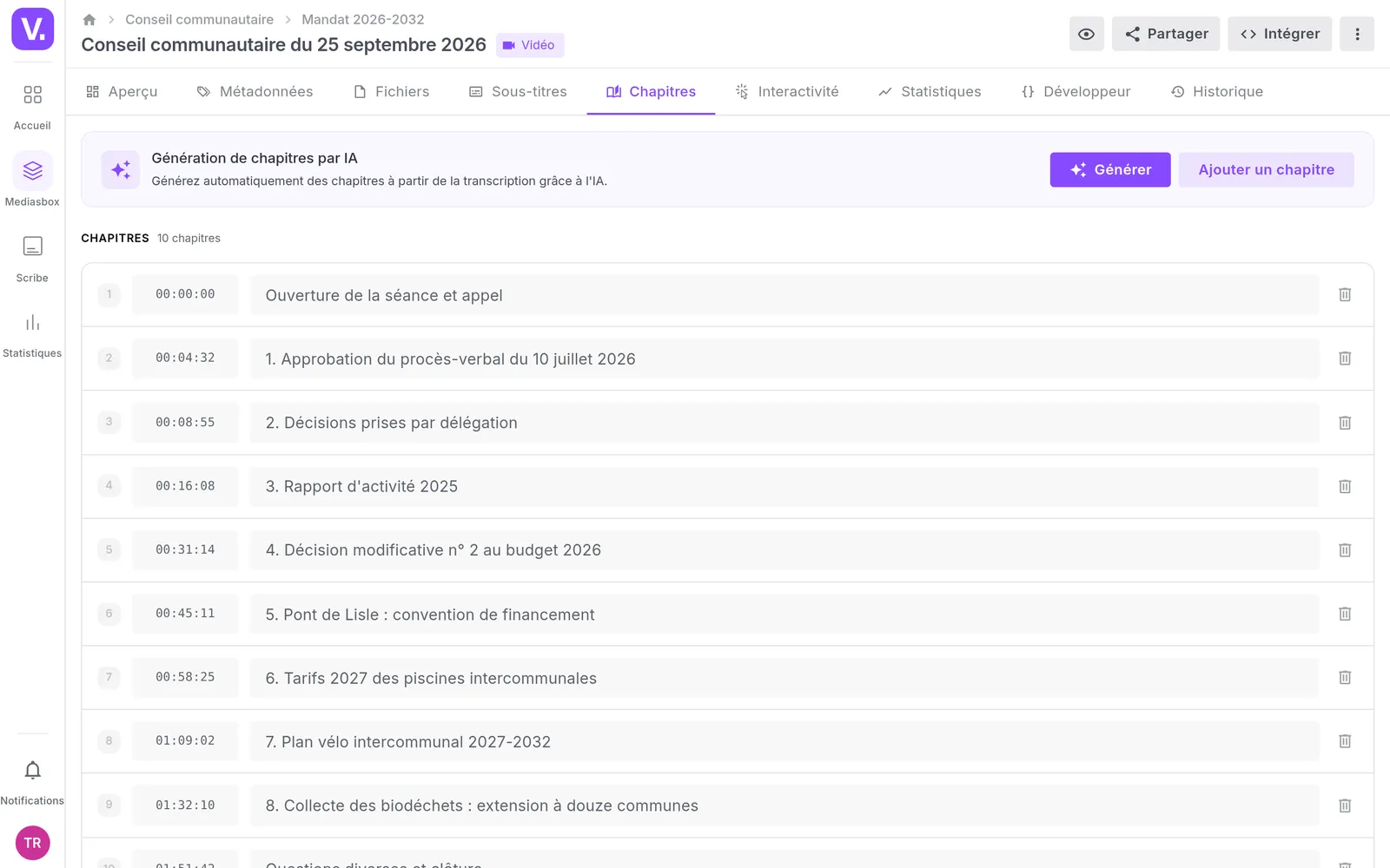 L'onglet Chapitres d'une séance du conseil dans le back-office, avec dix chapitres repris de l'ordre du jour