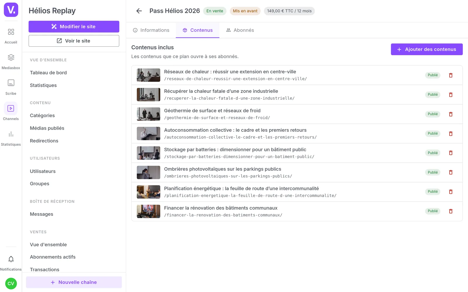 The edition pass plan in the admin, with its Content tab listing the edition's talks