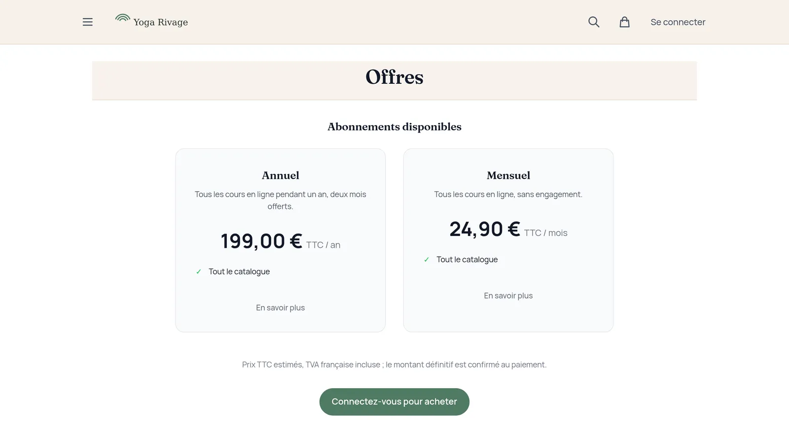La page Offres du site, avec l'abonnement annuel mis en avant et l'abonnement mensuel