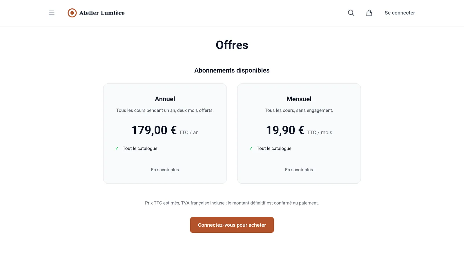 La page Offres du site, avec les deux abonnements côte à côte et leurs prix TTC