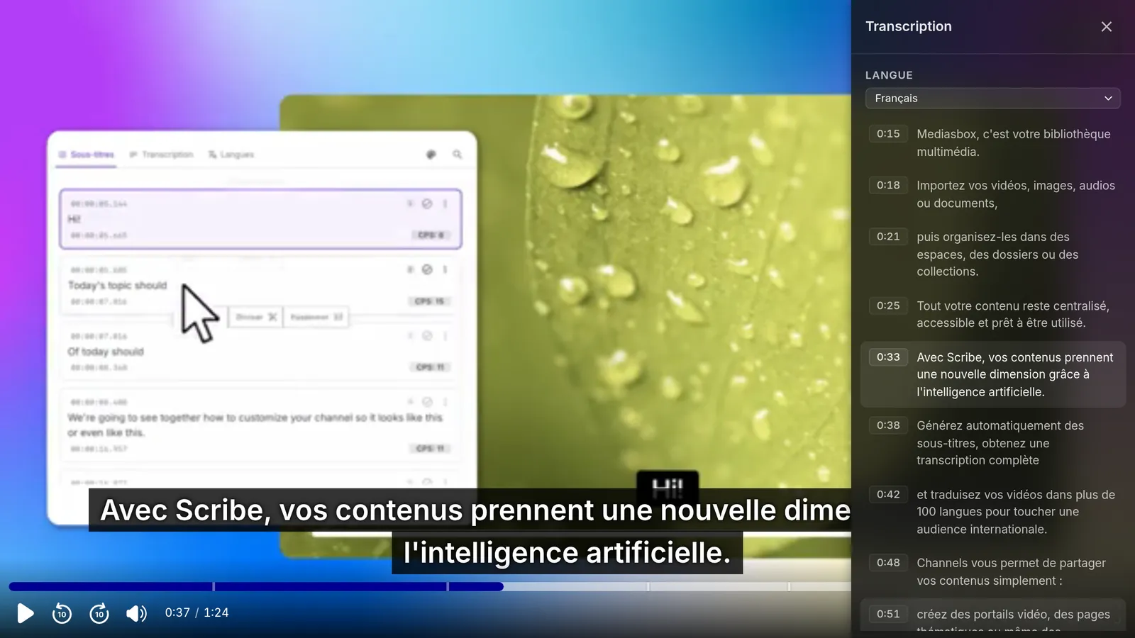 Le panneau de transcription horodatée à côté de la vidéo, avec le passage en cours mis en évidence