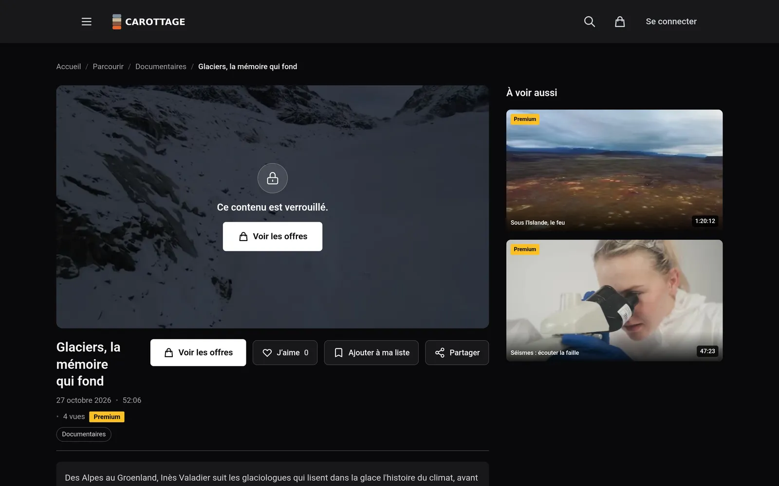 A documentary page seen by a visitor: artwork, summary, length, locked, with a See the offers button