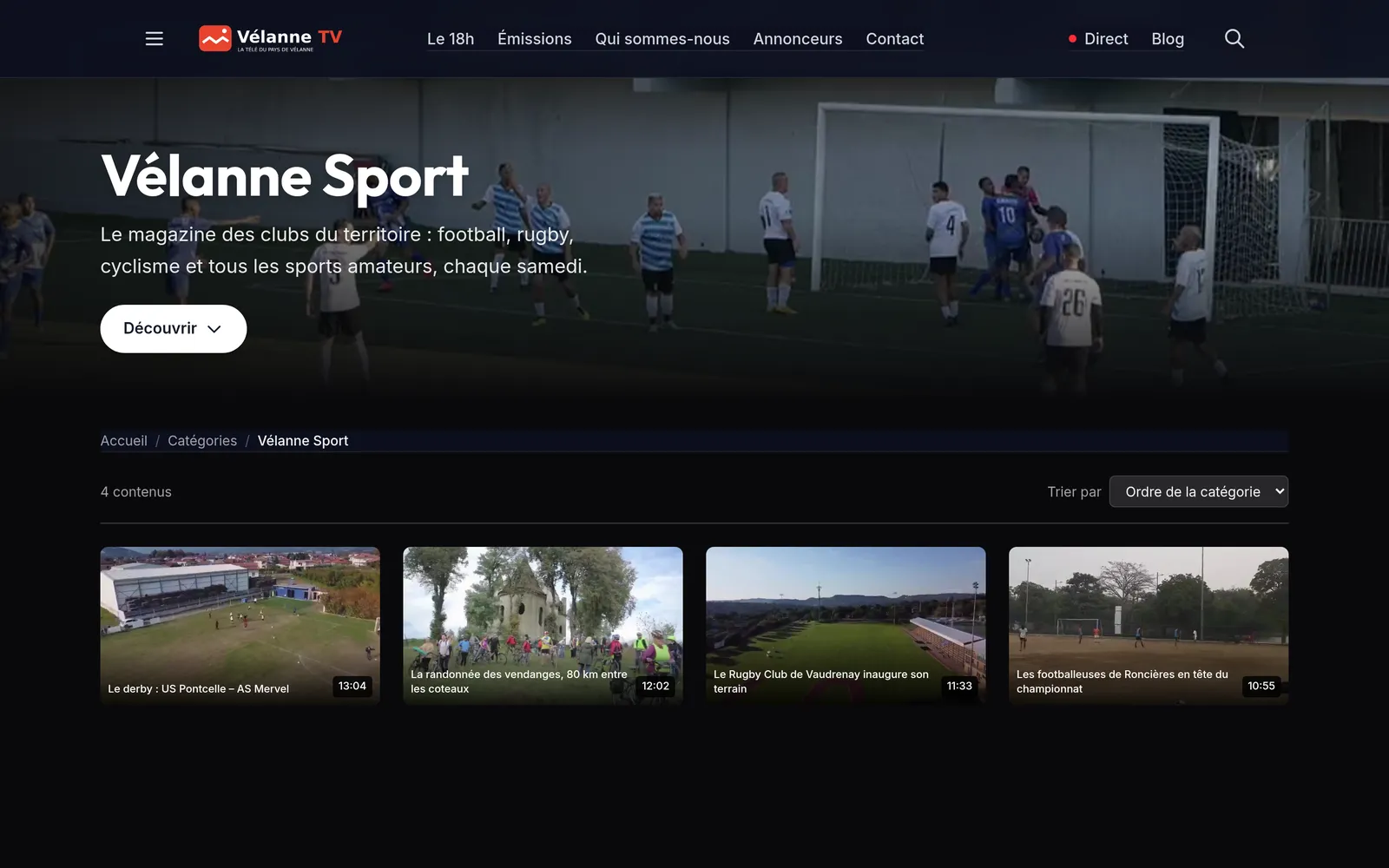 The sports programme's category with its banner and its episodes, newest first