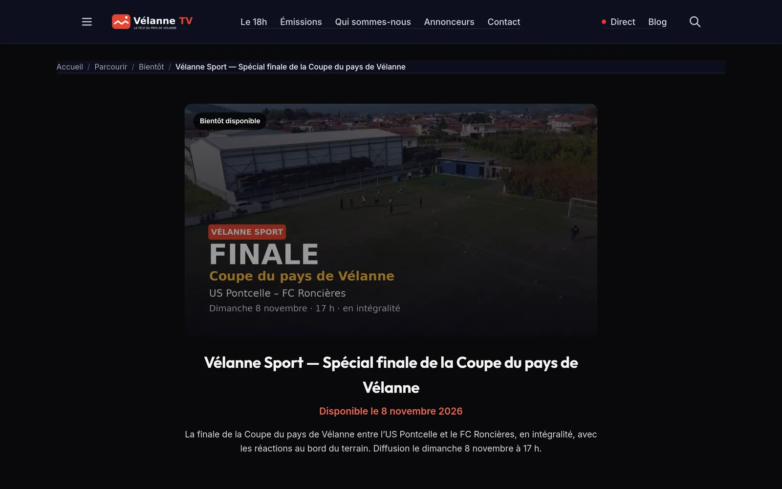 The Coming up section announcing the next show with its date, artwork and summary, without a player