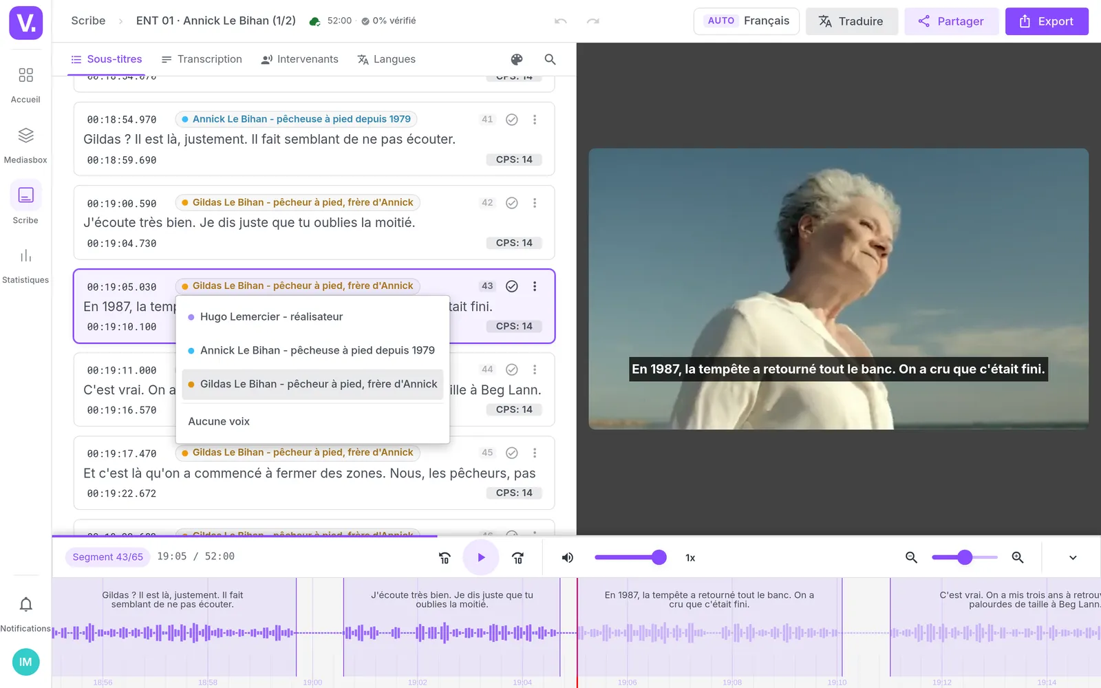 Adding by hand a speaker the detection did not separate, with the voice-selection menu open on one line