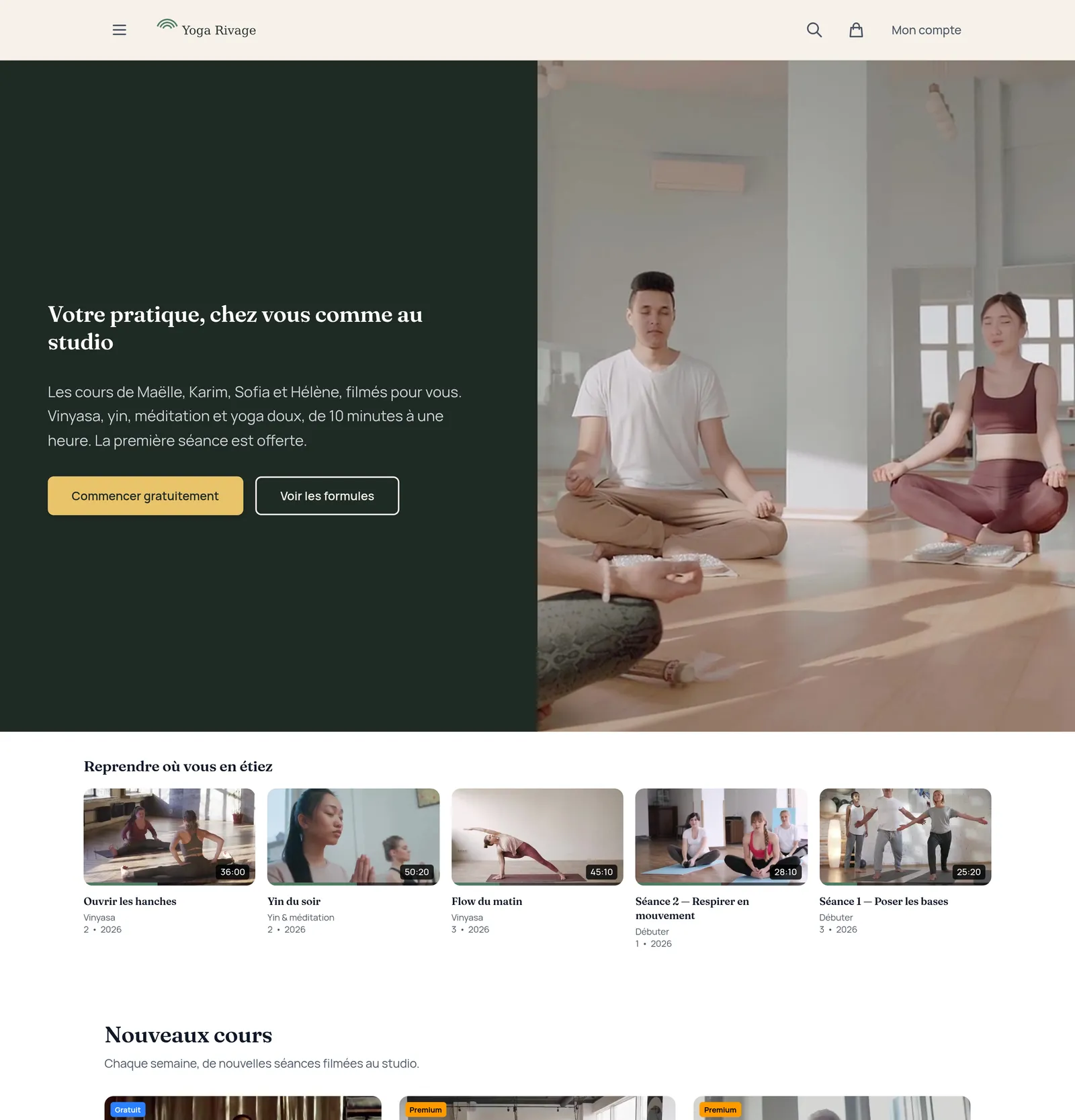 L'accueil du site vu par une élève abonnée, avec la bande « Reprendre où vous en étiez » et des barres de progression