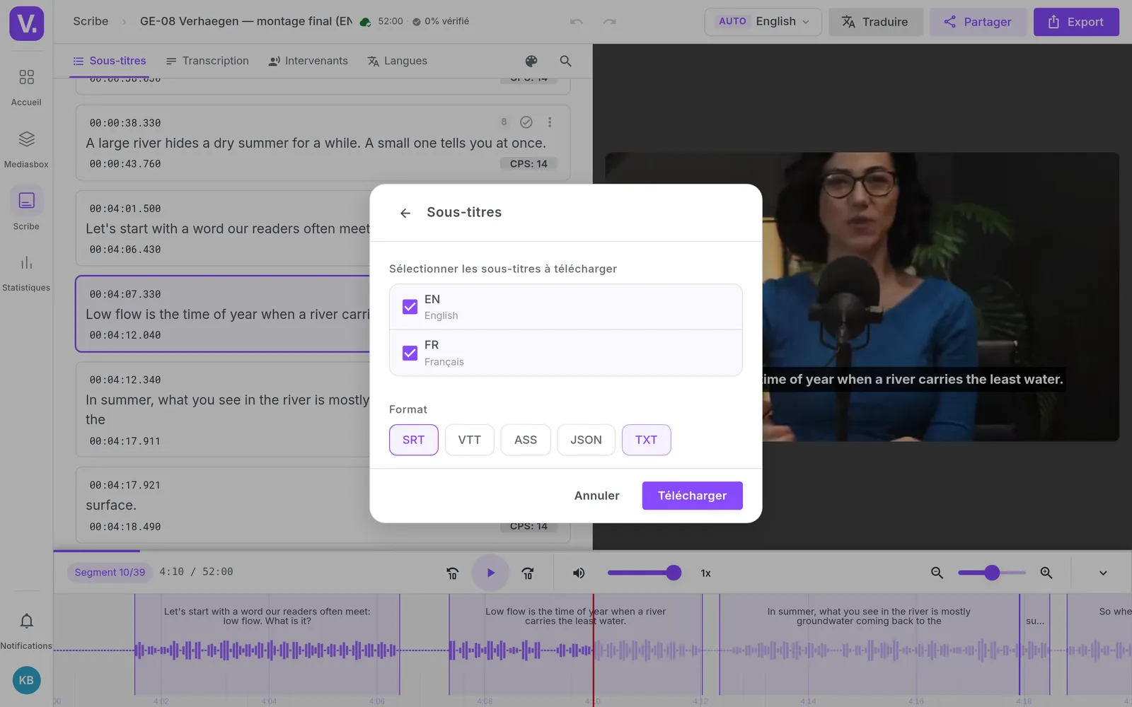 Scribe's Download dialog, with TXT and SRT ticked and both languages selected