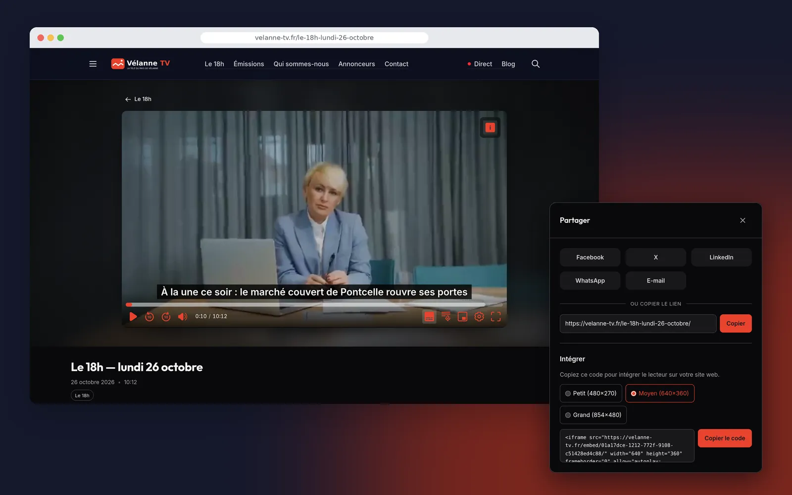 An episode of the daily bulletin playing with French subtitles and the share panel open
