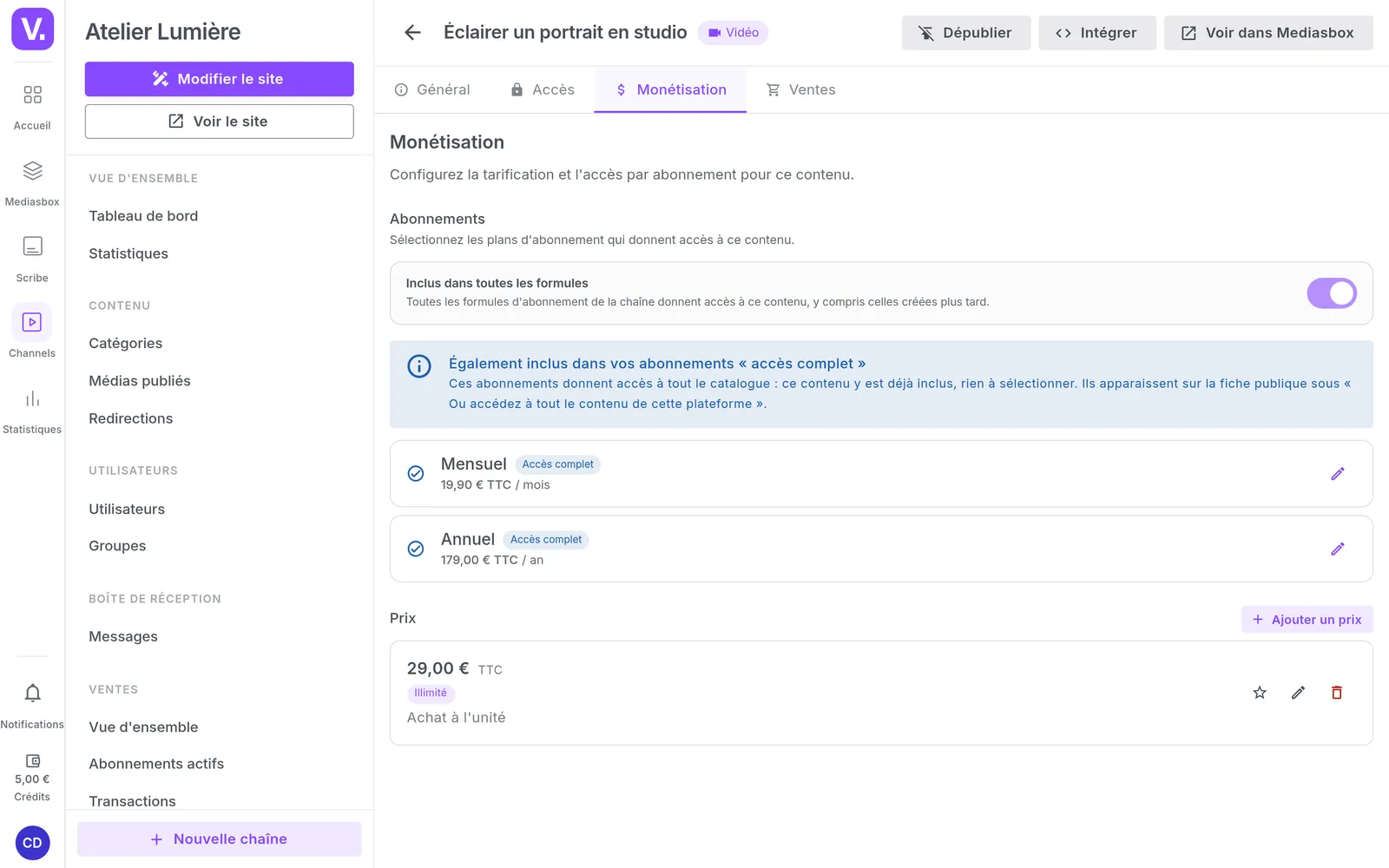 L'onglet Monétisation d'un cours dans le back-office, avec les abonnements et le prix à l'unité