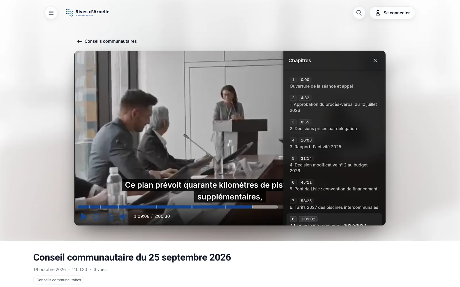 Le replay de la séance sur le site public, sous-titres affichés et panneau des chapitres ouvert