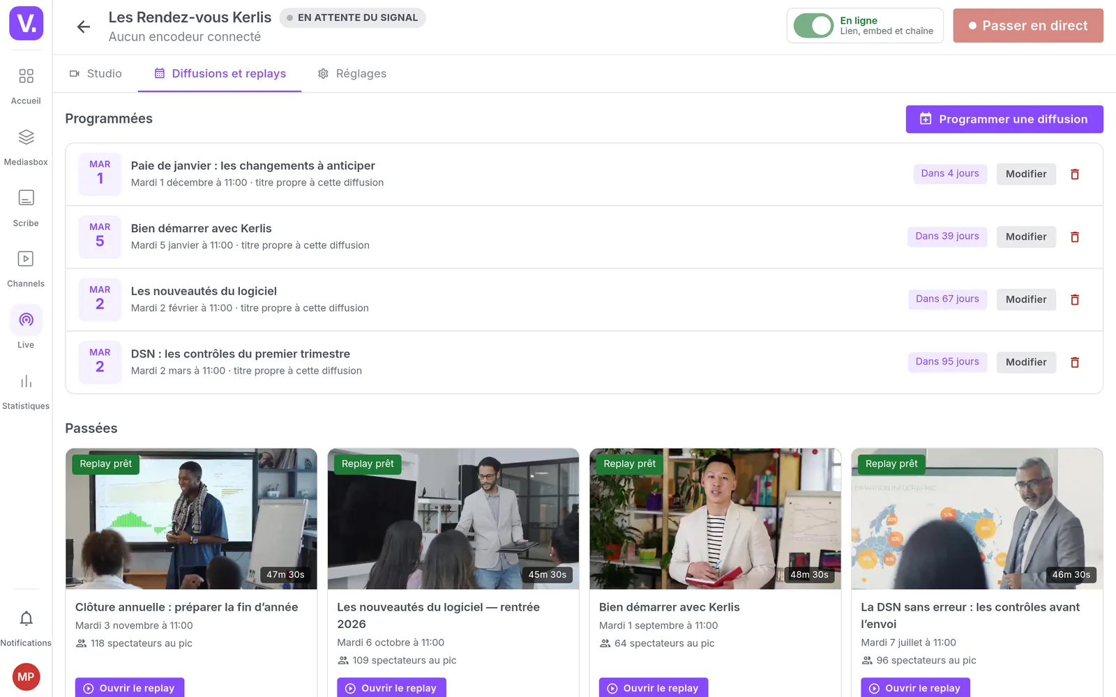 The Broadcasts and replays tab, with webinars scheduled one a month and past sessions beside their replays