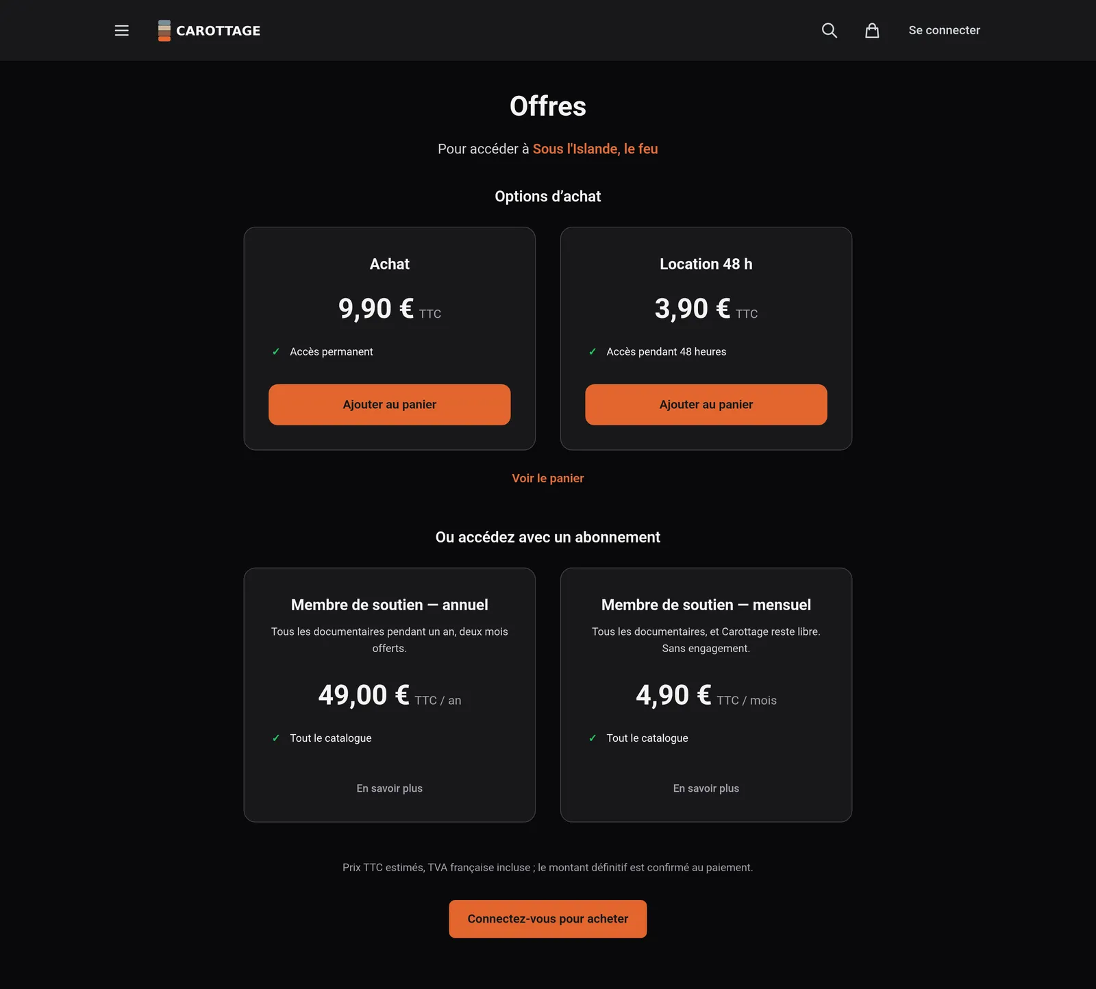 The Offers page: the annual subscription brought forward, the monthly one, and the feature film to buy or rent for 48 hours