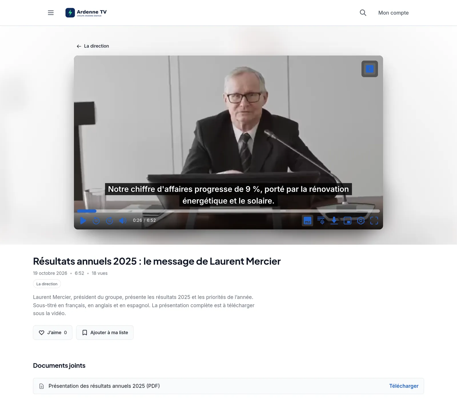 La vidéo des résultats annuels dans le lecteur, sous-titrée en français, avec la présentation en PDF à télécharger sous la vidéo