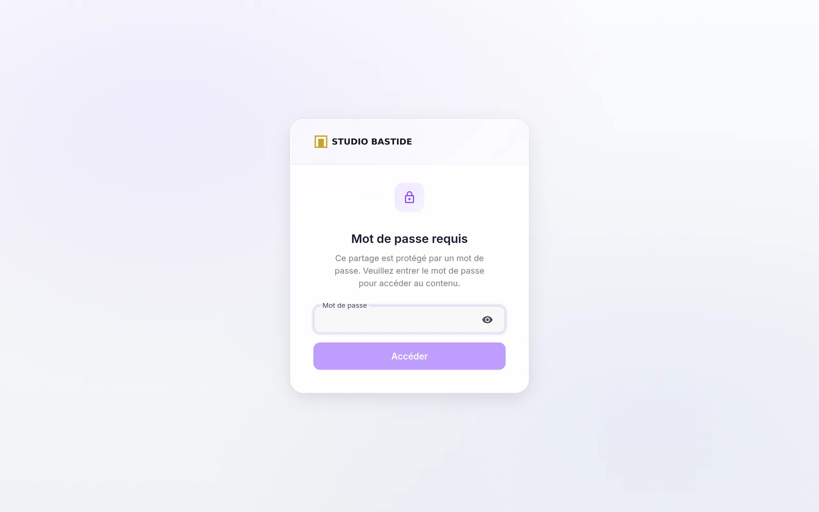 La page de partage demandant le mot de passe, aux couleurs du studio