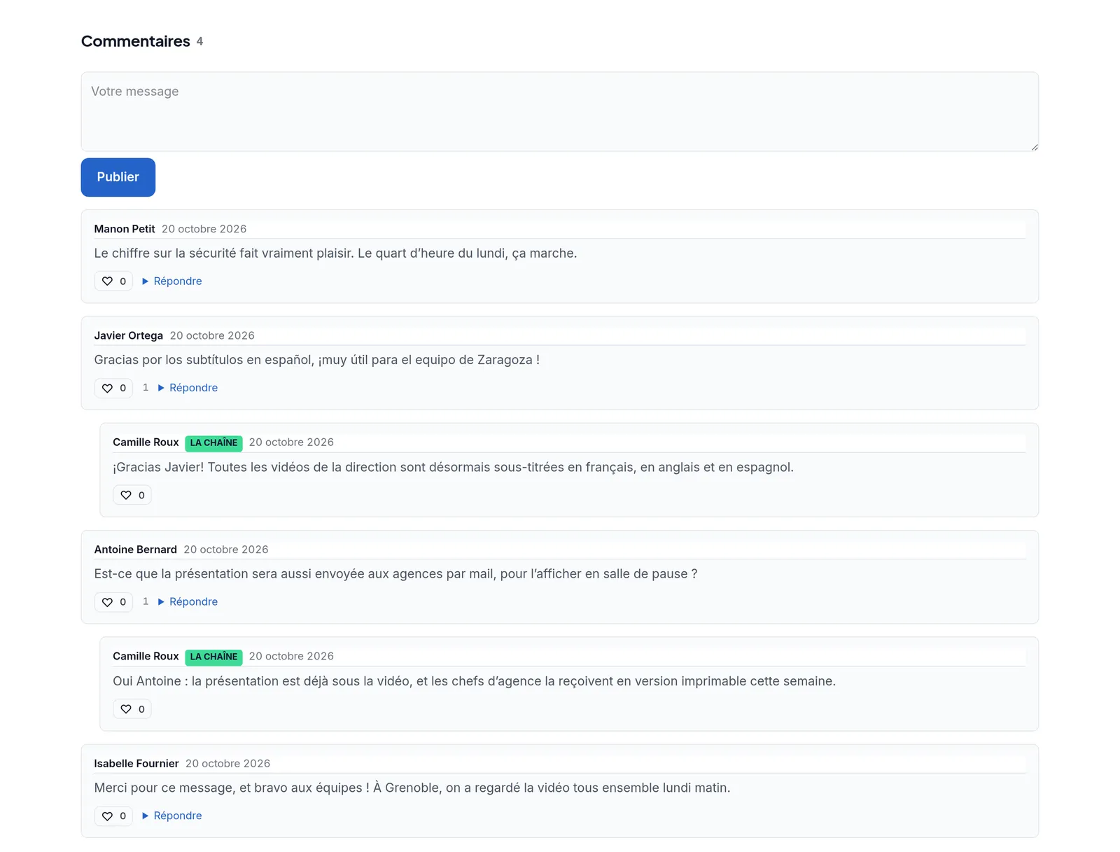 Les commentaires des salariés sous la vidéo, dont une question en espagnol et les réponses de Camille Roux badgées « La chaîne »