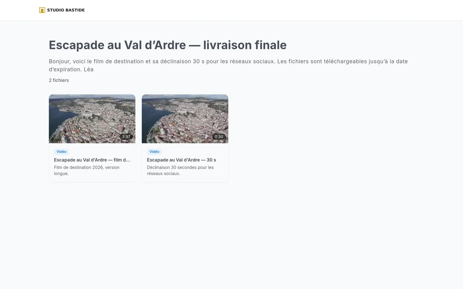La page de livraison : un mot du studio et les deux fichiers du projet