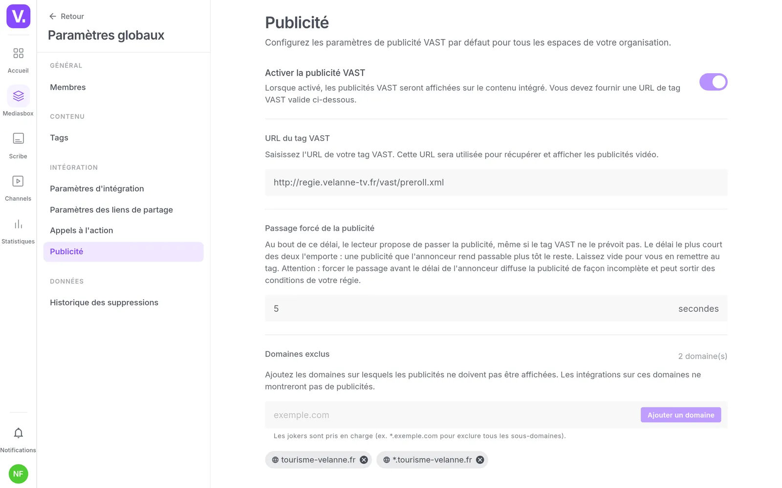The advertising settings in the back office: the station's own VAST address and the list of excluded domains
