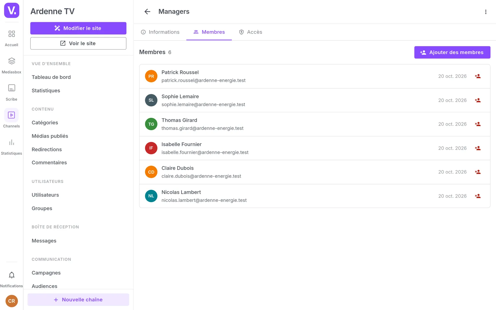 Le groupe « Managers » dans le back-office de la chaîne, avec ses six membres et leurs adresses professionnelles