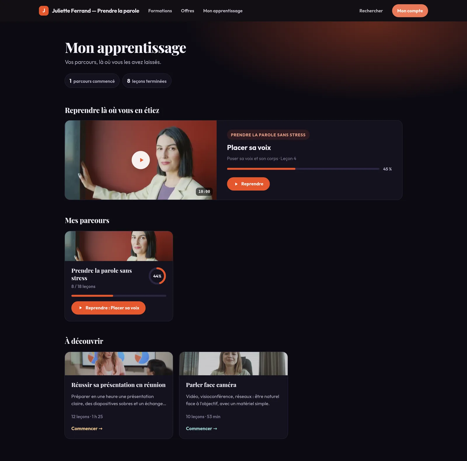 La page « Mon apprentissage » d'un élève : la leçon à reprendre à 45 %, la formation en cours à 8 leçons sur 18, et deux formations à découvrir