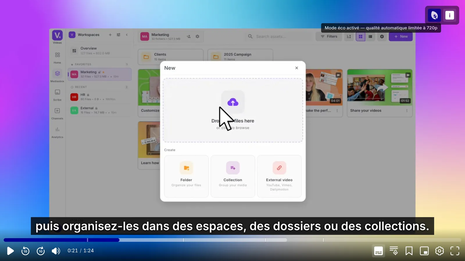 Le réglage Mode éco, qui limite la qualité automatique à 720p
